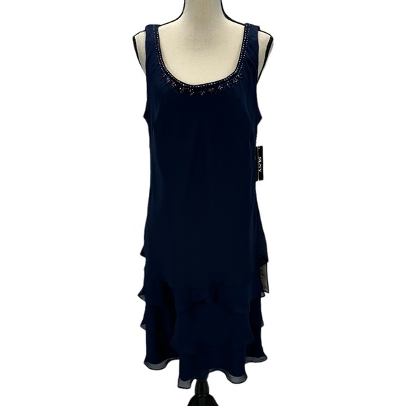 SLNY Sleeveless Tiered Midi Dress Sheer Long Sleeve Jacket - Navy Blue - size 12 - Picture 2 of 12